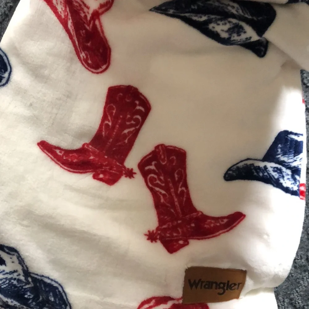 Wrangler Red and Blue Cowboy Boot and Hat Print Plush Throw